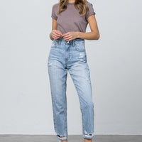 High Waist Ripped Hem Tapered Jeans