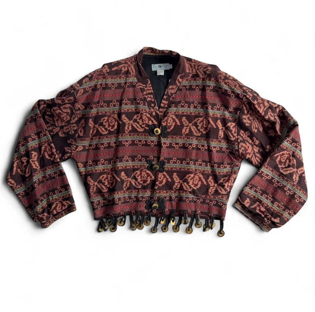 Vintage 80s 90s The Daily Planet Cropped Tapestry Jacket Coin Fringe L/XL