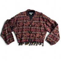 Vintage 80s 90s The Daily Planet Cropped Tapestry Jacket Coin Fringe L/XL