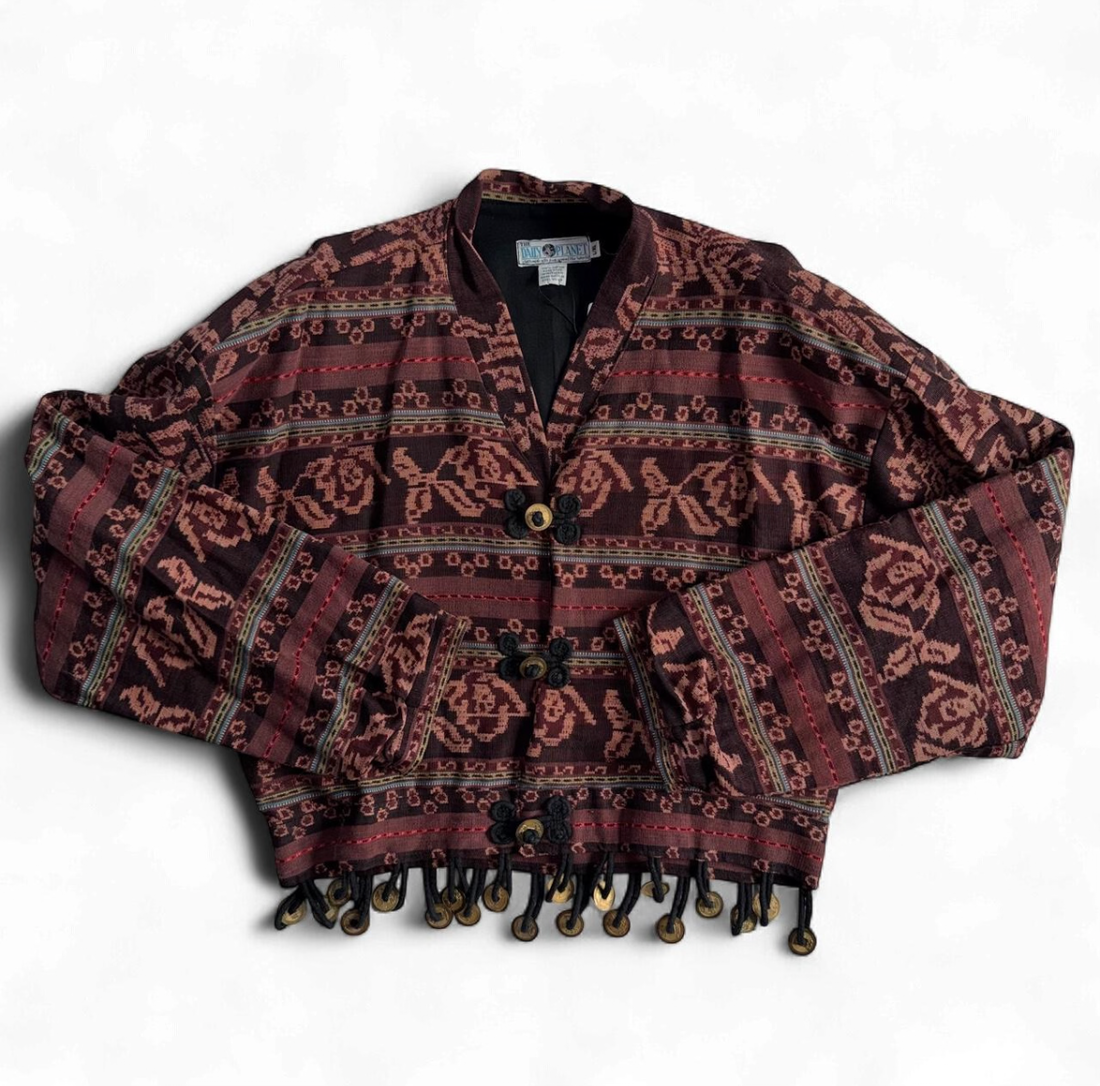 Vintage 80s 90s The Daily Planet Cropped Tapestry Jacket Coin Fringe L/XL