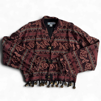 Vintage 80s 90s The Daily Planet Cropped Tapestry Jacket Coin Fringe L/XL
