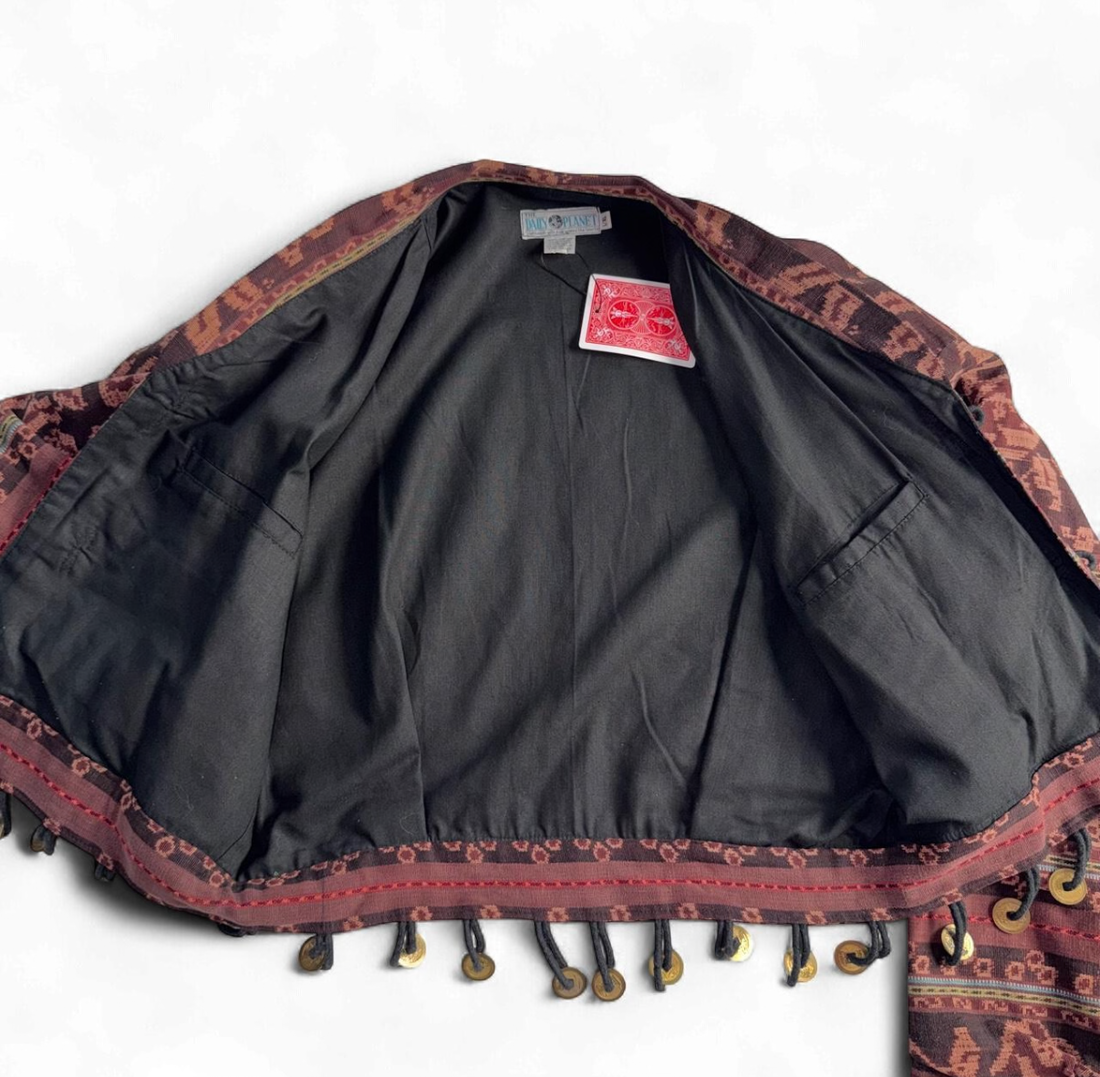 Vintage 80s 90s The Daily Planet Cropped Tapestry Jacket Coin Fringe L/XL
