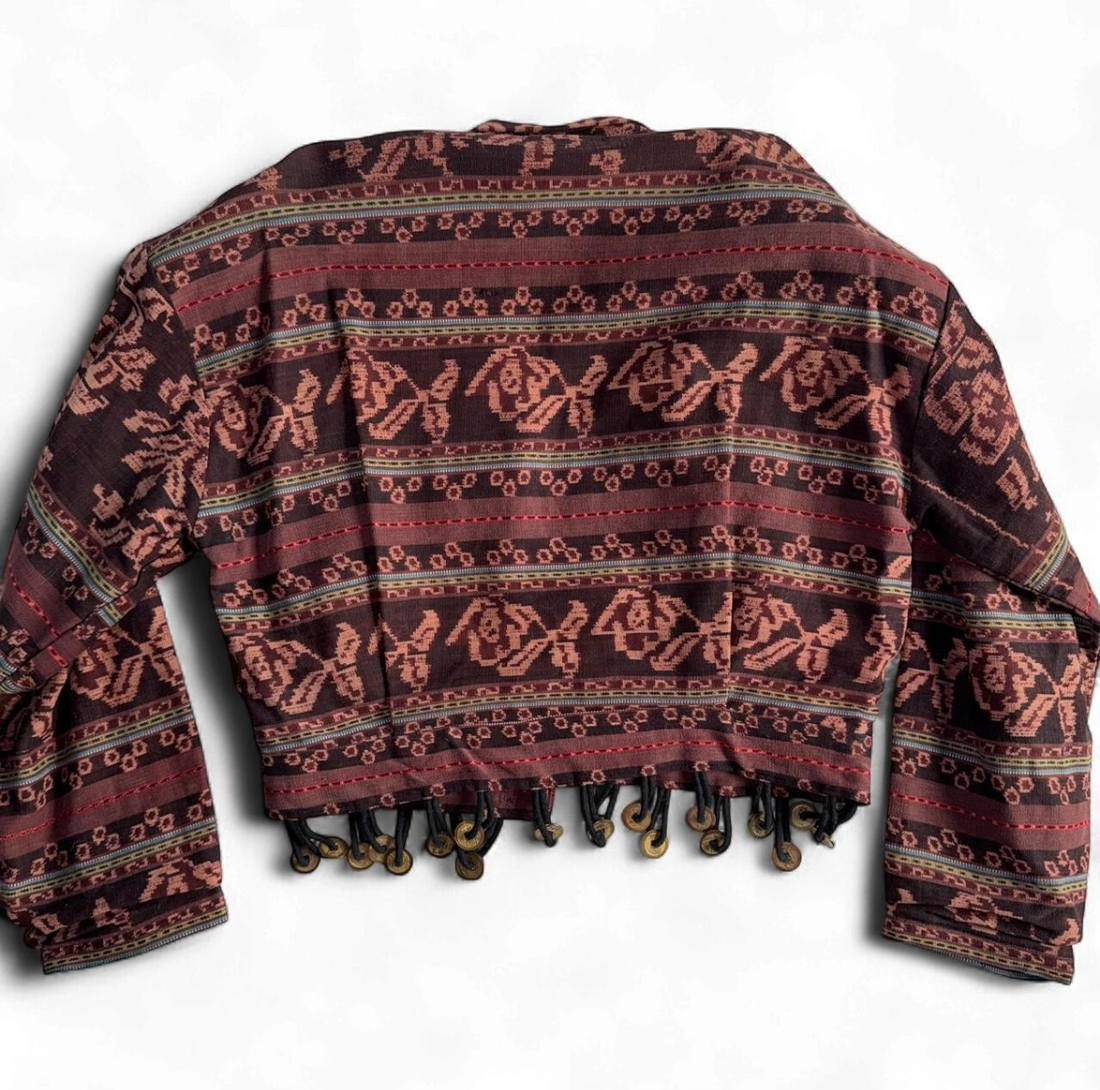 Vintage 80s 90s The Daily Planet Cropped Tapestry Jacket Coin Fringe L/XL